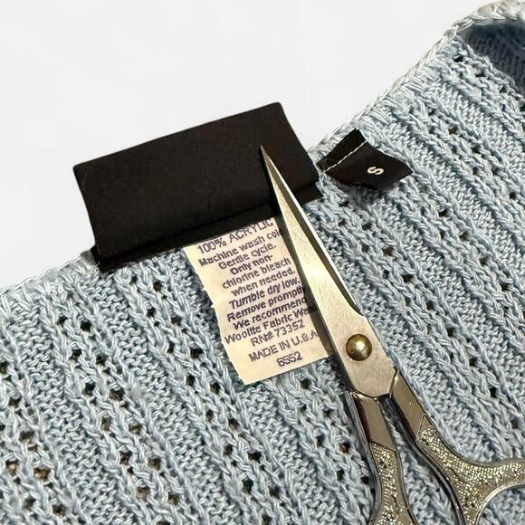 VTG Y2K Its Our Time Light Blue Open Knit Crochet Tie Front Duster Cardigan S - Picture 8 of 8